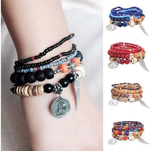 Bohemian Women Bracelet Set Bangle Multi-layer Beaded Wings Heart Shape Lava Stone Wristband Bangles Party Jewelry Wholesale
