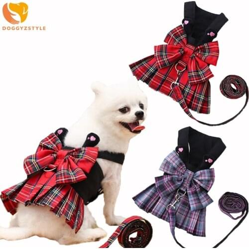 Pet Dog Dresses Puppy Harness and Leash Set Cute Bow Dresses Summer Plaid Clothes with Leash Ring for Small Medium Dogs Cats