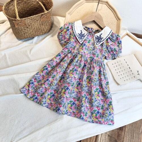 Baby Girls Dresses 2020 New Girls Short-Sleeved Floral Dress Children Open Back Doll Collar Chiffon Skirt Baby Princess Dress
