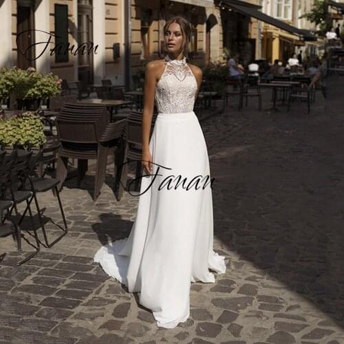 Simple White Sexy Halter Wedding Dress High Split Chiffon Boho Beach Backless Bridal Gown robe de soirée de mariage Plus Size