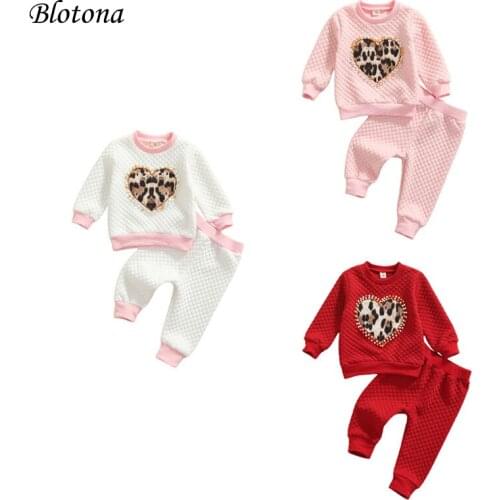 Blotona Baby O-Neck Long Sleeve Pullover+ Trousers, Beading Leopard Love Tops Elastic Waist Autumn Winter Clothing Set, 1-7Years