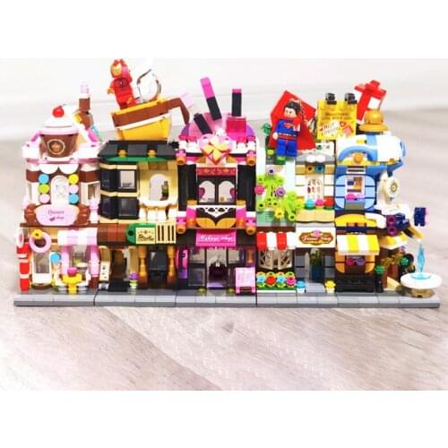 Qman Street View Series Dessert House Coffee Shop Makeup Shop Mini Building Block Department Store Bircks Model Toys For Girl