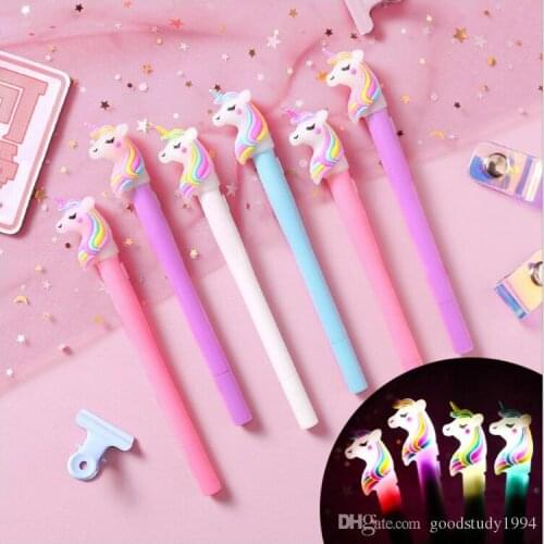 16 Style Creative Cute Cartoon Unicorn Light Pen LED Lights Silica Head Gel Pen 0.5mm Office School Supplies Stationery Student