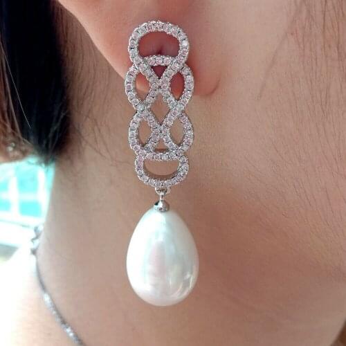 12x16mm White Teardrop Sea Shell Pearl White Gold Plated Zircon pave Stud Earrings