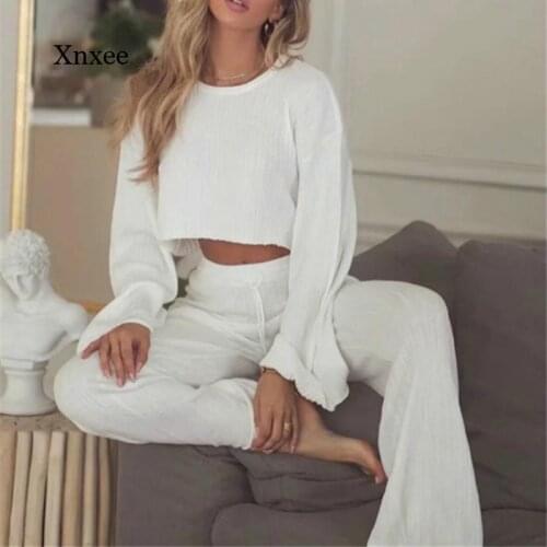 Spring and Autumn Womens Solid Color Long Sleeve Round Neck Cropped Top High Waist Stretch Pants Fashion Sexy Casual Womens Su
