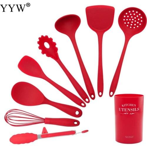 1-9pcs Silicone Cooking Utensil Set Kitchen Utensils Red Non-Stick Spatula Shovel Turner Tongs Soup Spoon Kitchen Tools Dishes