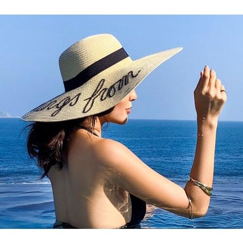 2021 New Wide Brim Floppy Straw Hat Summer Bohemia Beach Cap Letter Sequin Chapeau Beige Sun Hats for Women