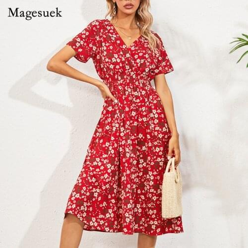 Vintage Floral New 2021 Summer Beach Dress V Neck Printing White Party Dresses Plus Size Midi Dress 7-color Vestidos 14872