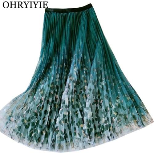 OHRYIYIE Vintage Gradient Color Leopard Tulle Skirt Women 2021 New Autumn Winter Patchwork Pleated Skirt Female High Waist Skirt