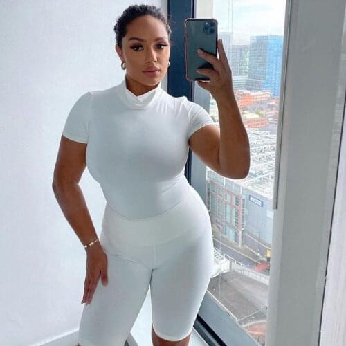 Women Short Sleeve Turtleneck T-shirt Sport Wear Female Casual Solid Color Biker Shorts Bodycon Outfits Two Piece Set Tracksuit