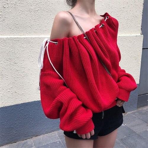 Women 2020 Autumn Korean Fashion Sexy Slash Neck Red Sweater Long Sleeve Loose Casual Puuover Tops Strapless Two-wear Knitwear