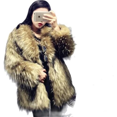 S-6XL New fashions High imitation Raccoons Fur Coat woolen Knitted Fox Fur Coat Women Winter Clothing