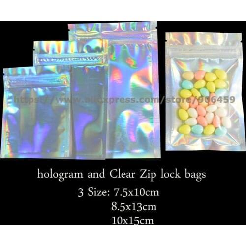 100 Pcs Hologram Foil And Transparent Zip lock Bags Pouch Electronic Accessories Food Candy Gift Lipstick Cosmetics Packaging