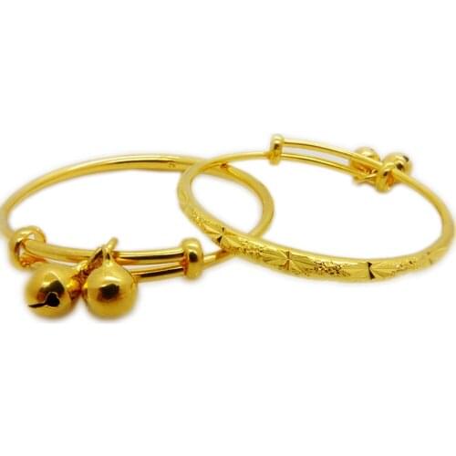 Childrens Bangle Yellow Gold Filled Kids Baby Bangle Expandable Bracelet With Bells 2pcs