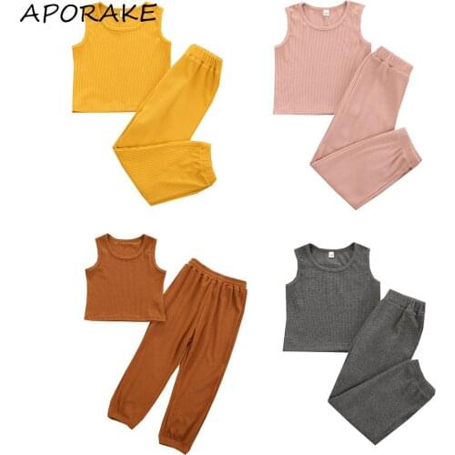 2021 2-7Y Toddler Summer Baby Clothing Boys Girls Summer Sleeveless Solid Color Round Neck Tank Top+Trousers Casual Knitted Set