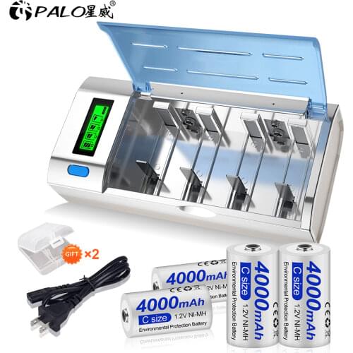 4-8pcs C Size Rechargeable Battery 1.2V 4000mAh NI-MH + Multi Usage Fast Charging LCD Display AA AAA C D 9V Battery Charger