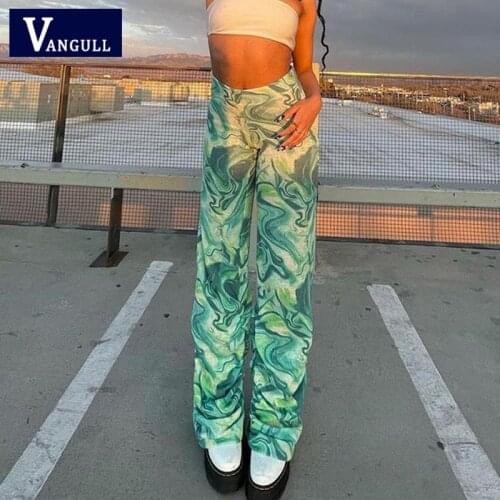 Vangull Green Tie Dye Pants Womens Summer New Wide Leg Pants High Waist Y2K Fashion Outfits Streetwear Printed Vintage Trousers