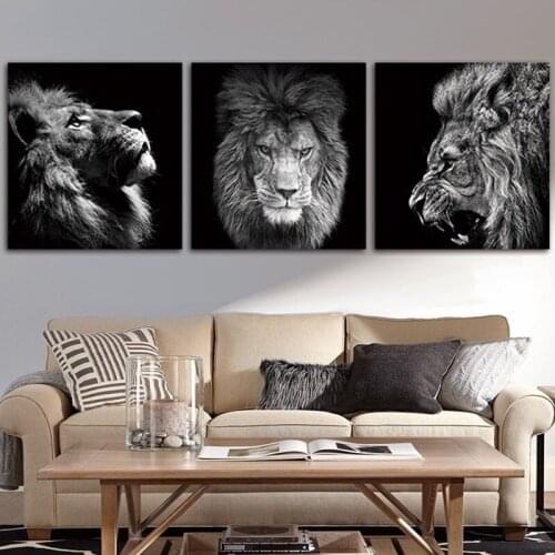 Black and white animal canvas painting lions looking up roaring picture for livingroom sofa background wall art decor Poster