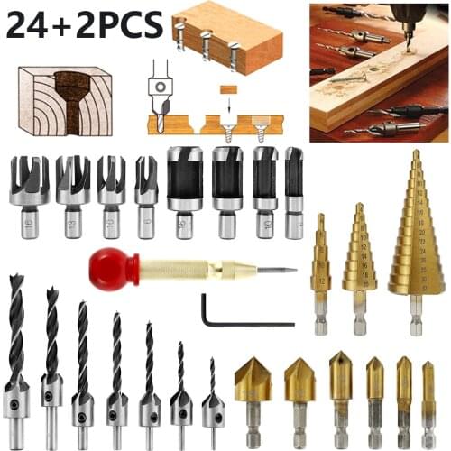 Woodworking Chamfer Drilling Tools Wood Plug Cutter Tool Three Pointed Drill Bit Countersink Drill Bit Step Cone Drill Bit Sets