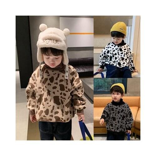 Baby Plus Velvet Turtleneck Sweatshirt Korean Style Boys Winter Thick Leopard Print Top Small Children Fashion Pullover Top Tees