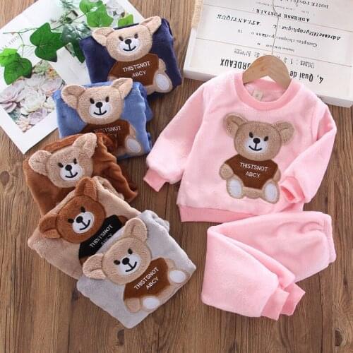 Toddler Boys Clothing Set Autumn Warm Cartoon Bear Suit For Kids Plush Full Sleeve Shirt + Pants 2Pcs Outfits Children Clothes