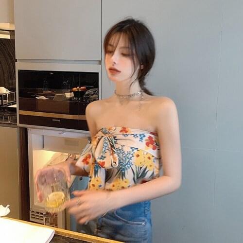 European Summer New Design Sense Niche Floral Printed Short Strap Sexy Tube Tops Camisole Women Fashion Streetwear 2021