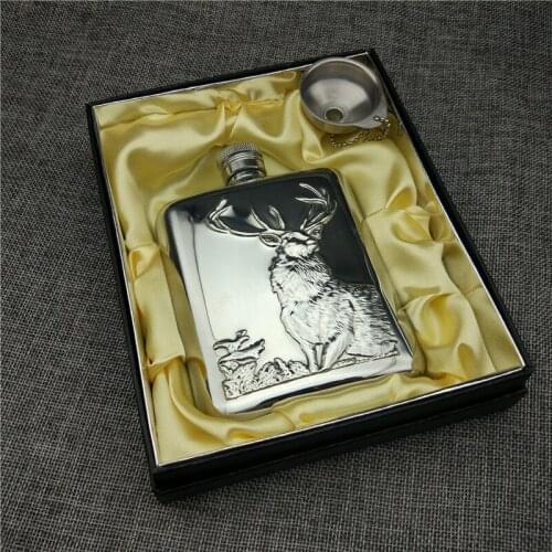 Alalinong Food Grade Stainless Steel 304 Hip Flask Relief Buck Bull Bear 6 Ounce Portable Flask For Whiskey Liquor Alcohol Gift