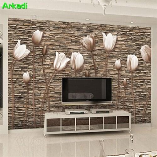 Gu Ellen European TV background wallpaper retro black tulip entrance wallpaper den brick wall green wall cloth
