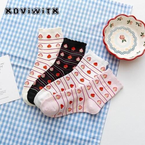 Fruit Strawberry Cotton black socks for women stripe Funny Casual short Lady sock Female Kawaii Harajuku Happy winter womens sox
