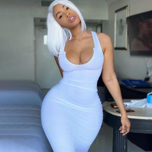 Imcute Ribbed V Neck Skinny Tank Long Dresses Women Solid Bodycon Fashion Birthday Outfits Bodycon Sexy Club Party Maxi Dress