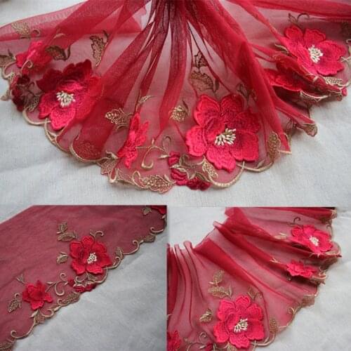 7.87"20cm wide(2yards/lot) Dark Red Embroidered Floral Tulle Lace Trim ,Mesh Embroidery Lace Trim