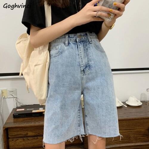 Summer High Street Straight Denim Shorts Women Slim Chic Students Ulzzang Fur-lines Harajuku Loose All-match Retro Knee-length