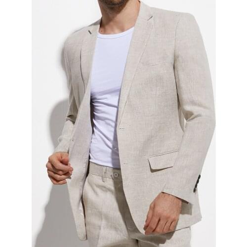 Ideal Sand Grey Linen Suits Men Custom Made Suits Gray Slim Fit Summer Beach Tailored Wedding Suits For Men Breathable MTM Suit