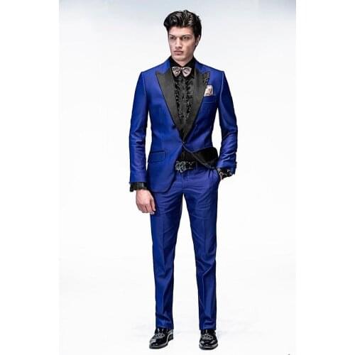 Jacket+Pants+Tie)Suit men One Button Royal Blue Groom Tuxedos Peak Lapel Groomsmen Men Wedding Tuxedos Suit costume homme terno