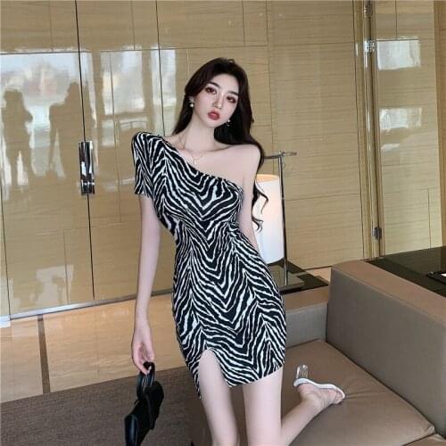 Zebra Pattern Sexy Asymmetric Off Shoulder Fashion Brand Female Bodycon Dress Summer Style Mini-dresses for Woman New 2021