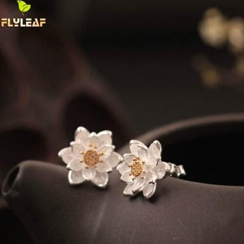 Flyleaf 925 Sterling Silver Golden Lotus Flower Stud Earrings For Women High Quality Elegant Lady Sterling-silver-jewelry