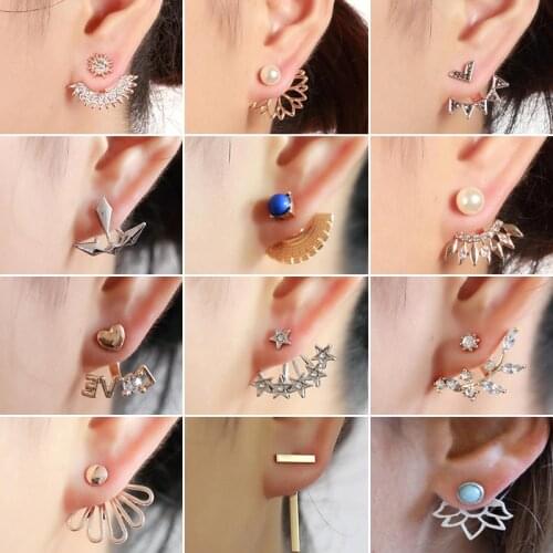 Jisensp Bohemian Korean Crystal Front Back Double Sided Stud Earrings for Women Wedding Jewelry Pearl Ear Jackets Accessories