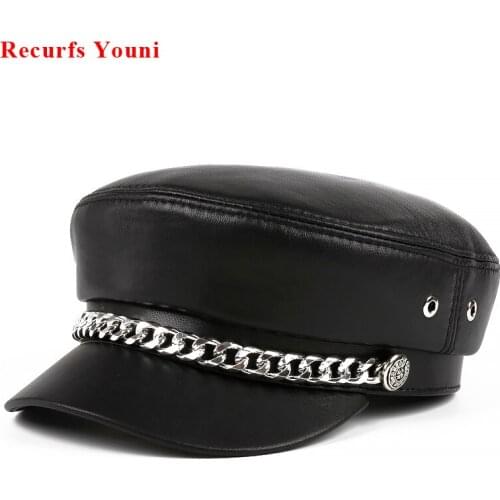 Korean Fashion Navy Hat Women Men Unisex Winter Genuine Leather Golden Silver Chain Caps Men Motorcycle Flat Casquette Mujer