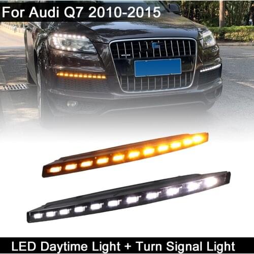 For Audi Q7 2010-2015 Waterproof Front LED DRL Daytime Running Light Dynamic Amber Turn Signal Lights
