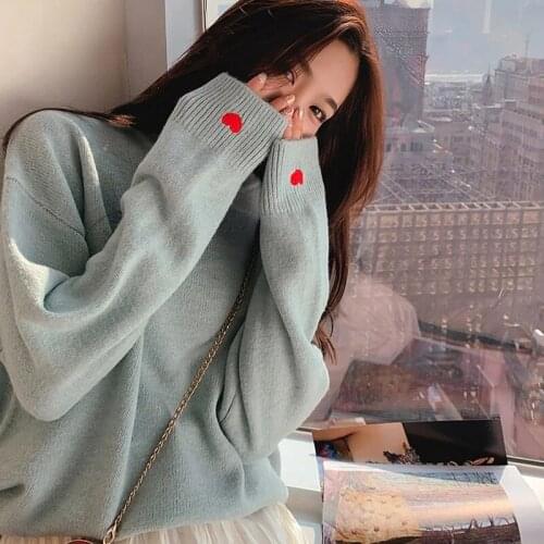 Heart Embroidery Sweater Women Solid Pullover Crew Neck Knitted Jumpers Ladies Long Sleeve Top Autumn Knitwears Warm Korean Tops