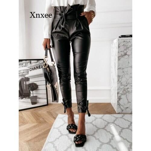 Spring and Autumn New Fashion Womens High Waist Pu Leather Pencil Pants Womens Zipper/belt and Ankle Slim Tights Black