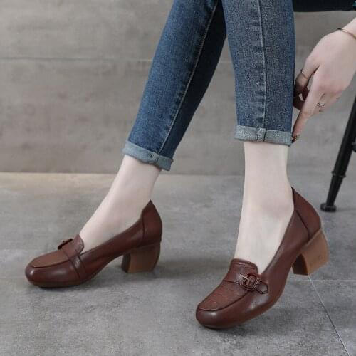 YourSeason Ladies Concise Casual Pumps Genuine Leather Spring Autumn 2021 Handmade Women Square Toe Vintage Shoes