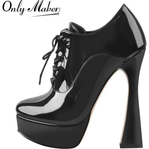 Onlymaker Women Platform Lace-Up Pumps Black PU Patent Leather Faux Suede Spike High Heels Shoes Office Lady Concise For Spring