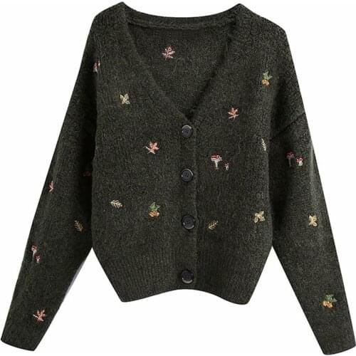 BoozRey Women Vintage Knit Cardigan with Embroidery Long Sleeves V-neck Ribbed Trims Cardigan Female Elegant Sweater Outerwear