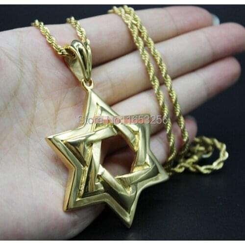 Gold High Quality Men Biker Jewish STAR OF DAVID Pendant Necklace Stainless Steel With 22'' Rope Chain Cool Large Jewelry