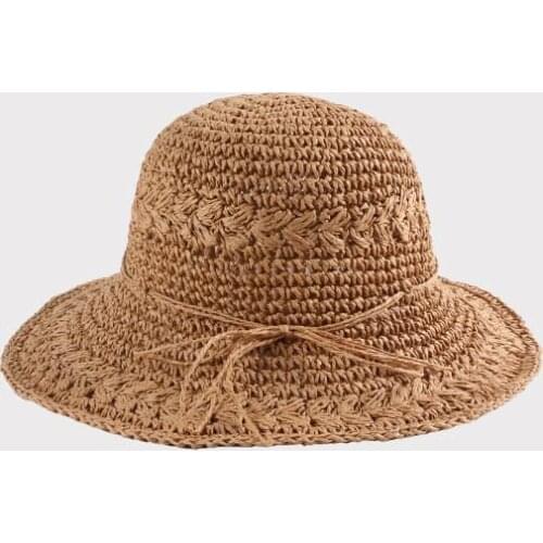 2021 Solid Bowknot Handmade Straw Hat Foldable Sun Hat Outdoor Travel Hat for Girl and Women 03