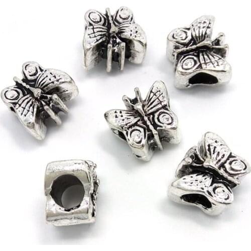Free Shipping 50pcs 10x12mm antique silver plated new butterfly style big hole alloy beads fit European bracelets DIY