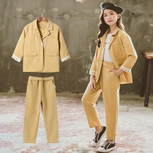 Kids Girls Yellow Blazer Suits 2021 New Spring Coat Pants 2 pieces Clothes Set 8 10 12 years