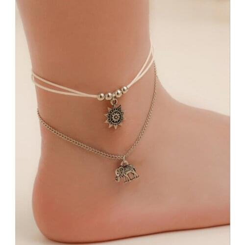 Two layer Anklet white rope through round bead and alloy sun flower elephant pendant with silver plated metal chain
