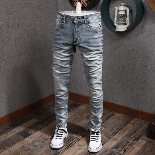 European Vintage Fashion Men Jeans Retro Light Blue Elastic Slim Fit Ripped Jeans Men Distressed Designer Casual Denim Pants